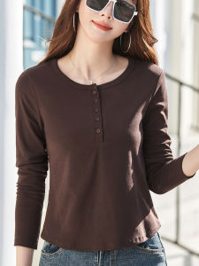 Early Autumn Womens Base Shirt Pure Cotton Long Sleeve Short Style Slimming Top Inner Wear Outer Wear Commute Style Korean Version