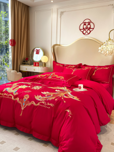 High-End Chinese Style Dragon And Phoenix Wedding Bedding Set Red Bed Sheet Marriage Preparation Celebration Bedding Accessories