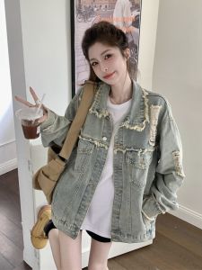 Retro Frayed Hole Denim Jacket Womens Spring Autumn New Large Size Fat MM Design Sense Match Jacket Top INS Short Outerwear