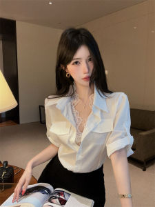 GUZILIAN | French Lace Spliced Fake Two-Piece Slimming Short Sleeve Shirt