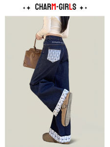 Quần Jeans Denim Ống Thẳng Màu Sắc Đậm Cạp Cao Cho Nữ Quần Dài Đến Sàn Phong Cách Retro Dệt Dệt Thêu Quần Dài Thường Ngày