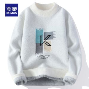 ROMON | เสื้อสเวตเตอร์ถักนิตติ้งลำลองสำหรับผู้ชาย แขนยาว ปกกลม เสื้อสวมหัว อบอุ่น แฟชั่นฤดูหนาว ผ้าโพลีเอสเตอร์ น้ำหนักเบา คอกลม