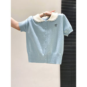 LUOSHAO | Áo Cardigan Len Thêu Cổ Đậu Nơ Phong Cách Ngọt Ngào