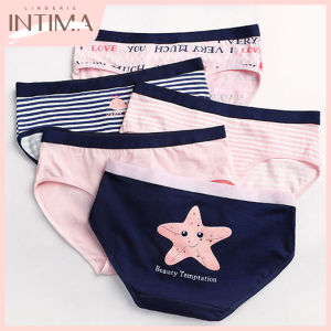INTIMA 5pcs Cotton Panty for Women Cartoon Cute Kawaii Navy Style Stripe Briefs Mid-Waist Student Girl Panties Underwear
