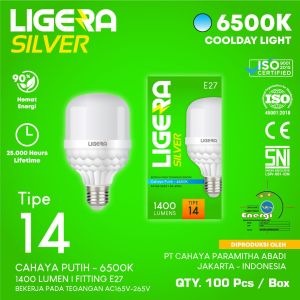 LIGERA SILVER 14W lampu LED Bulb cahaya putih 6500K super terang fiting E27