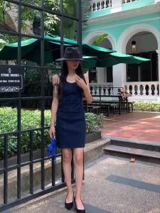 225Elegant Denim Skirt Halter Dress Women Summer New French Style Wrap around mid Thigh Length a Line Cotton Blend Sleeveless