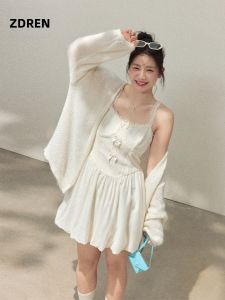 ZHANGDAREN | Bộ Thời Trang Giảm Cân Dành Cho Người Mập Áo Cardigan & Đầm Camisole Trắng