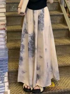 Ink Tie-Dyed Wide Leg Culottes Womens Summer Thin High Waist Drape Mop Pants New Chinese Style Lazy Culottes
