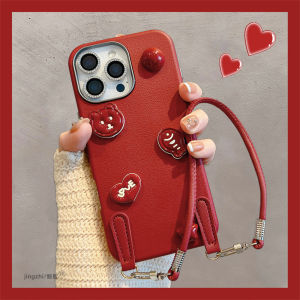Creative Red Heart Panda Bear Phone Case for iPhone 15/16 pro Max with Lanyard Best Friend Apple 13/14 New Model Cute Cartoon Design
