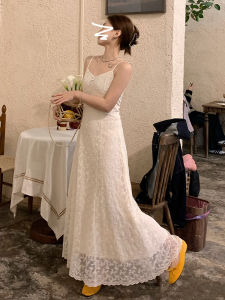 Elegant White Lace Strap Dress Womens A-Line Long Vest Skirt Slim Fit Summer Autumn New Style High Waist Cotton Blend Casual Dress