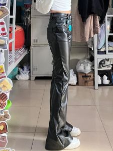 High Waist PU Leather Pants for Women Slim Fit Floor Length Cool Black Minimalist Style Casual Pants Ladies Fashion