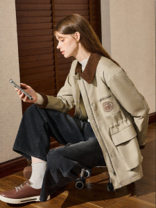 Áo Khoác Cotton Nữ Màu Khaki Thời Trang Vintage Có Cổ Đính