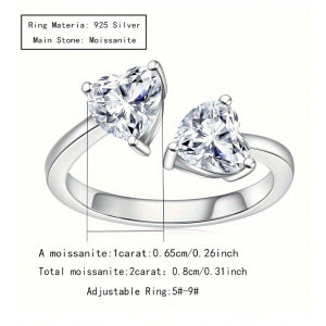 925 silver heart-shaped 2 carat moissanite adjustable ring is fashionable and simple suitable for daily life and wedding