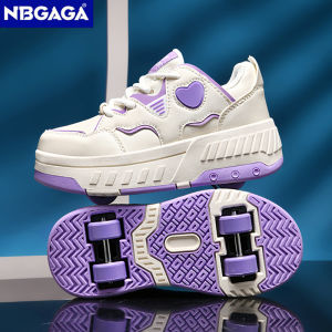 NBGAGA | Ultra-Light Childrens Girl Heart Print Decorated Four-wheel Roller Skating Sneakers Outdoor Walking Sports Shoes Holiday Gifts