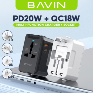 BAVIN PC2111 Universal Travel Adapter 20W Fast Charger USB-A & Type-C Ports + QC | Multi-Port Plug & LED Light