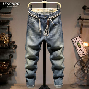 LIANSENNIAO | Washed Blue Jeans Loose Fit Elastic Calf 9 Trousers