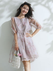 Miccbeirn | Romantic Silk Gradient Print Dress With Bubble Sleeves A-Line Midi Skirt Princess Style Summer Fashion Mid-Sleeve Round Neck