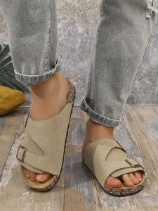 Mens Casual Simple Buckle Adjustable Set with Suede Upper Wood Grain Soft-Soled Slippers