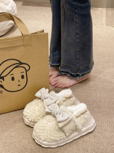 Home Warm Feeling of Walking on Shit Bows Cotton Slippers Womens Winter Cute Heel Wrap Platform Type Non Slip Stuffed Confinement Cotton Shoes