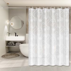 White Lotus Simple Shower Curtain Fresh Style Bathroom Partition Curtain Beautiful Curtain for Renovating Rental Bathrooms