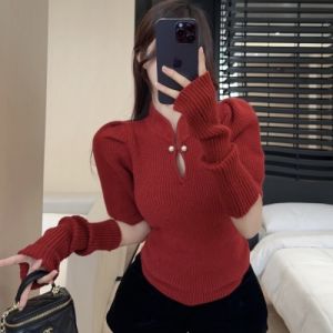 GUZILIAN | New Chinese Style Red Sleeve Knitted Shirt Womens Autumn Winter New Fashion Retro Stand Collar Button Hollow Top Commute Style