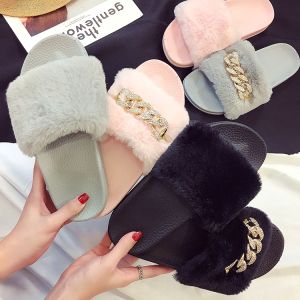 Rihanna Plush Slippers Womens Outdoor Harajuku Style Ulzzang Sandals Flat Thick Heel Low Diamond Embellished Solid Color Slip-On