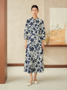 French Print Waist-cinching Shirt Dress