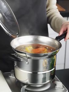 <🎁 ของขวัญปีใหม่ > หม้ออเนกประสงค์ 4 ชิ้นในชุด กะทะ + หม้อด้าม + หม้อนึ่งสแตนเลส + หม้อต้ม พร้อมฝาแก้ว ใช้ได้กับเตาทุกประเภท ขนาดใหญ่ 4.5 ลิตร เหมาะสำหรับเตาแม่เหล็กไฟฟ้าและเตาแก๊ส หม้อนึ่ง หม้อต้ม หม้อสารพัดประโยชน์ ใช้งานได้ทั้งต้ม นึ่ง ลวก อุ่นอาหาร