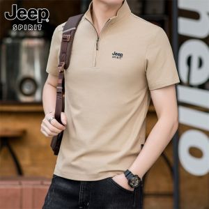 Jeep Spirit Mens Short Sleeve T-Shirt Zipper Decorated Loose Fit Polo Shirt Casual Summer Wear Youth Fashion Pure Color