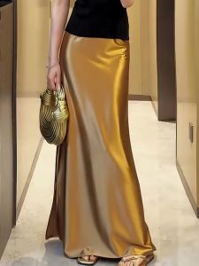 Gold Sequin High Waist Slimming Half Skirt Trendy Womens Summer Fashion Smooth Long Dress Elegant Commute Style plus Size