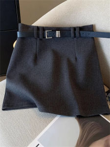 Gray Woolen High Waist Wrap Body Short Skirt for Women Spring Autumn College Style Fat Mm Stylish Slimming Mini Skirt