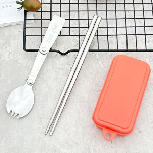 Outdoor Camping Folding Tableware 304 Stainless Steel Portable Storage Box Telescopic Fork Soup Spoon Chopsticks Travel Detachable
