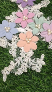 Handmade 3D Fabric Flower Lace Applique Patch 17x22cm – Macaron Colour Embroidery Lace with Pearl for Dress DIY