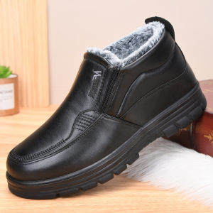 2025 Winter New Leather Boots Waterproof Anti Slip Snow Boots Mens Cotton Shoes Warmth Thickened Cotton Short Boots