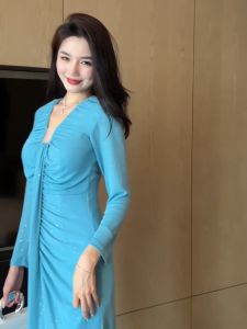 ZYHT Đầm Phong cách Nước pháp cổ chữ v biển Mảnh mai hợp thời trang Collect Waist Double Layer Pleated đầm dự tiệc sang trọng 10945