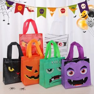 2Pcs Halloween Non-Woven Treat Bags Pumpkin Ghost Bat Mummy Monster Cat Pattern Totes Bag Trick or Treat Halloween Party Favor