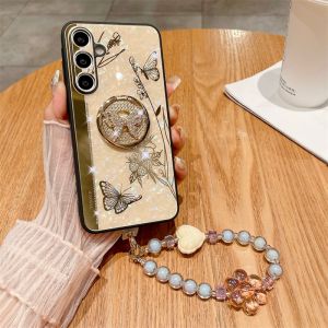 Case for Samsung Galaxy A55 A35 A25 A15 Delicate Gold-plated Butterfly Ring Bracket Back Cover with Boutique Bracelet Fine-hole Lens Camera Protection Drop-proof Shockproof Phone Case