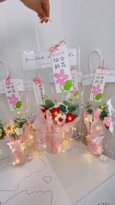 Quivlox LED Hand-woven Flowers Bouquet Handmade Crochet Knitted Simulated Flower Raya Decoration Birthday Gift 禮物