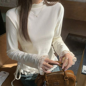 Sweet Spicy Girl Lace Ear Flower Edge Half High Collar Long Sleeve T-Shirt Base Shirt Women Autumn Winter Thickened Upper Body