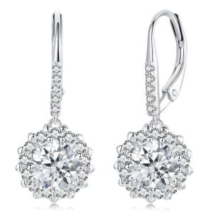BAMOER 1.0CT Halo Moissanite Hoop Earrings Exquisite D Color Brilliant Round Cut Drop Earrings for Women MSE046