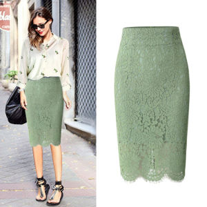 High Waist Lace Midi Skirt Slimming Hollow out over Knee One Step Skirt Spring Summer Fashion Womens Mid-Length Half Skirt