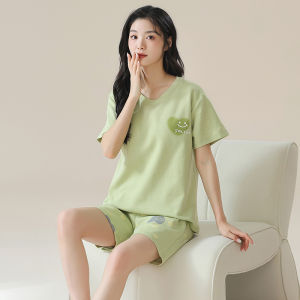 miiow | Pure Cotton Summer Thin Short Sleeve Sleepwear Set For Women With Chest Pad Cute Cartoon Home Clothes Cat Person MiiOW