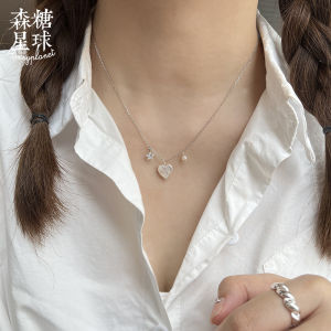 Mint Planet Heart Baroque Pearl 925 Silver Necklace Non-Fading Student Simple Y2K Pendant Crystal Cross Chain Female Jewelry