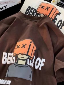 Heavy Weight Pure Cotton Men Short Sleeve T-shirt Summer Fun Cartoon American Retro Fashion Brand Printing Loose Half-Sleeved T-shirt