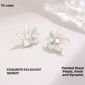 3COLOUR·S | Glazed Petal Design Pearl-like S925 Silver Stud Earrings