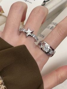 Elegant Hollow out Micro Paved Star Ring for Women Fashionable Minimalist Open Finger Ring Stylish Alloy Geometric Jewelry