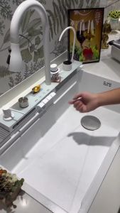 Stainless Steel Kitchen Sink Smart White Large Digital Display Multifunctional Waterfall Sink Faucet
