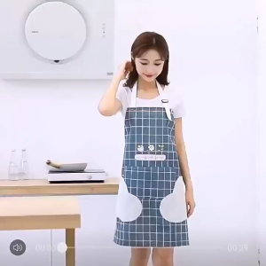 ผ้ากันเปื้อนกันนำ้ พร้อมผ้าเช็ดมือในตัว ชุดกันเปื้อนสไตล์เกาหลี ผ้าPVCลายตาราง/ลายดอกไม้ พร้อมกระเป๋า สำหรับครัว ร้านอาหาร ร้านกาแฟ คาเฟ่ พร้อมส่งไวทันที