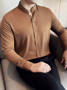 New Chinese Style Long Sleeve Stand Collar Seamless Polo Shirt Mens Business Fashion Slim Fit High End Feel Autumn T-Shirt