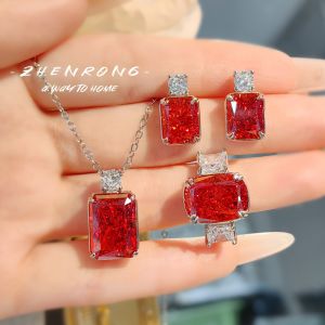 Red Pendant Perfume Bottle Drop Earrings High Carbon Diamond Ice Flower Cut Ring Elegant Necklace Set for Women Fashion Jewelry